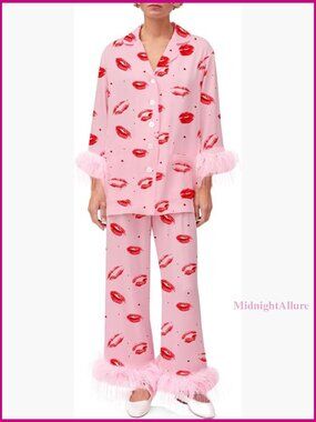 Feather Trim Satin Pajama Set Long Sleeve Button Shirt Lounge Pants